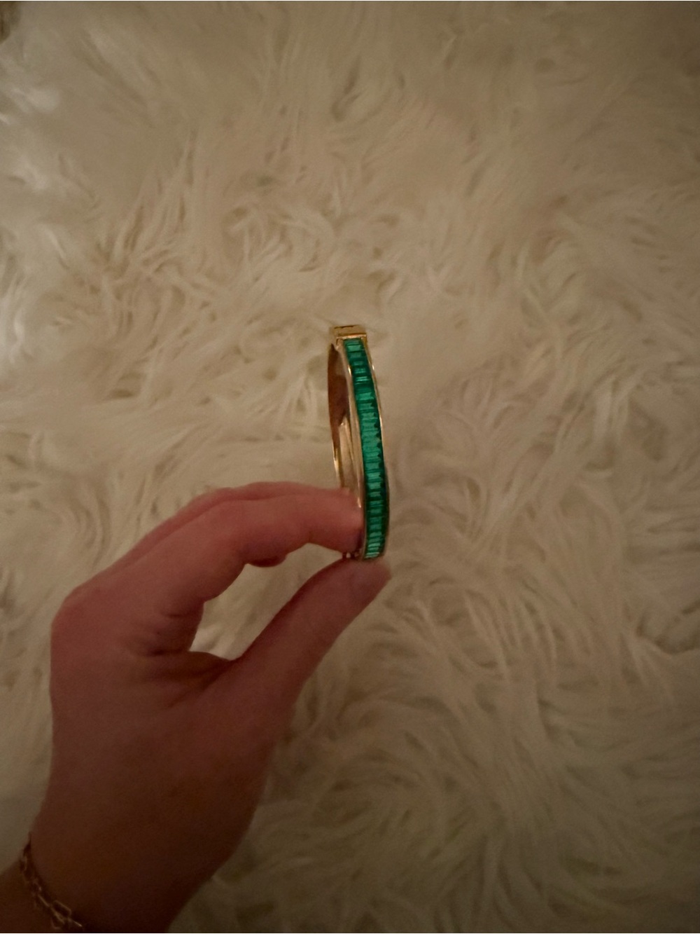 Gold-Tone Bracelet with Emerald Green Baguette Stones - Women's Fashion Bracelet